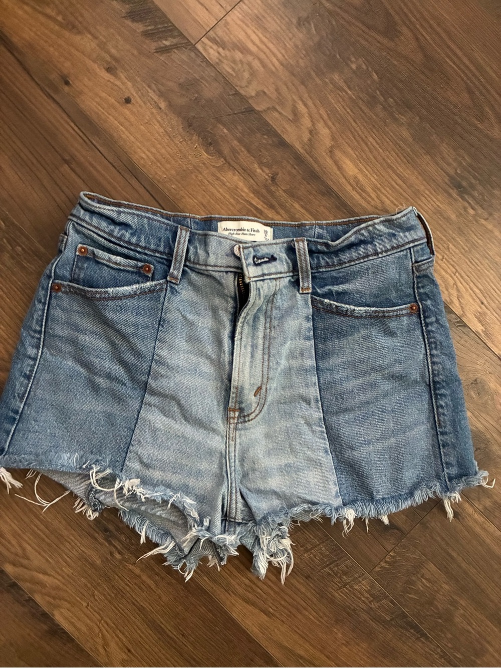 Abercrombie & Fitch Medium Wash Frayed Hem High Rise Denim Shorts